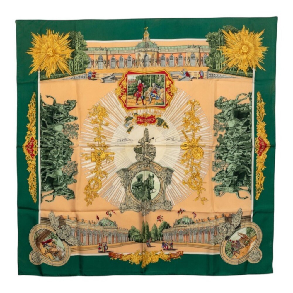Hermes Carre 90 Sanssouci Palace Scarf/Muffler, Green Multicolor Silk, Women's